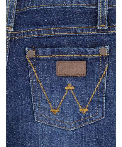 Close-up view of the contrast 'w' logo stitched back pockets with leather logo patch