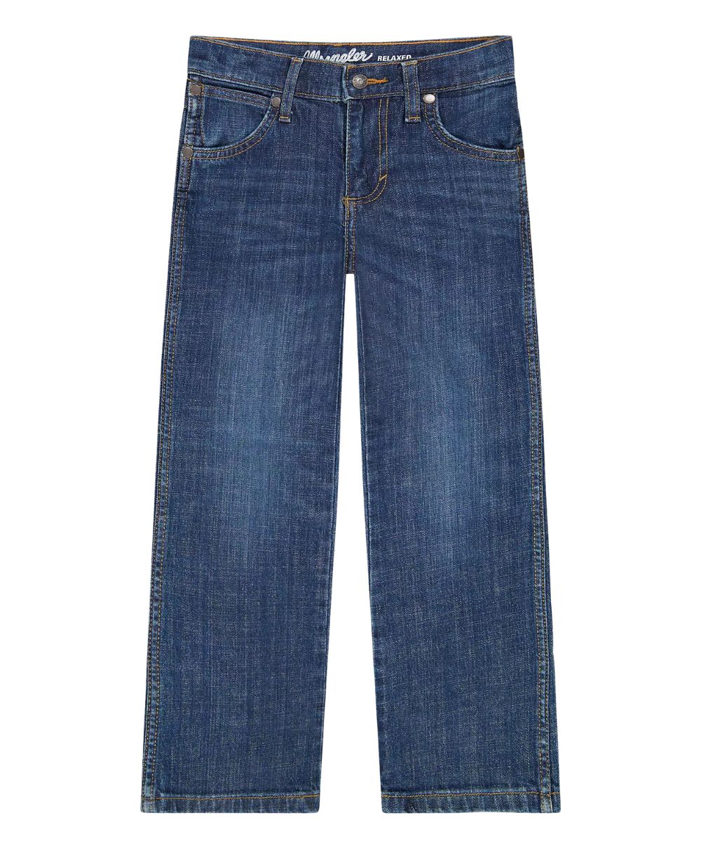 Front view of the boy's relaxed dark wash boot cut jean featuring the five pocket styling