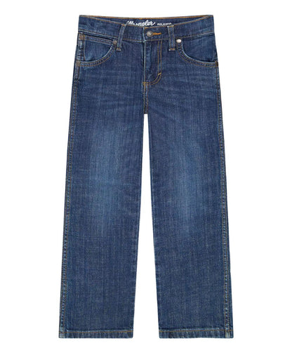 Front view of the boy's relaxed dark wash boot cut jean featuring the five pocket styling