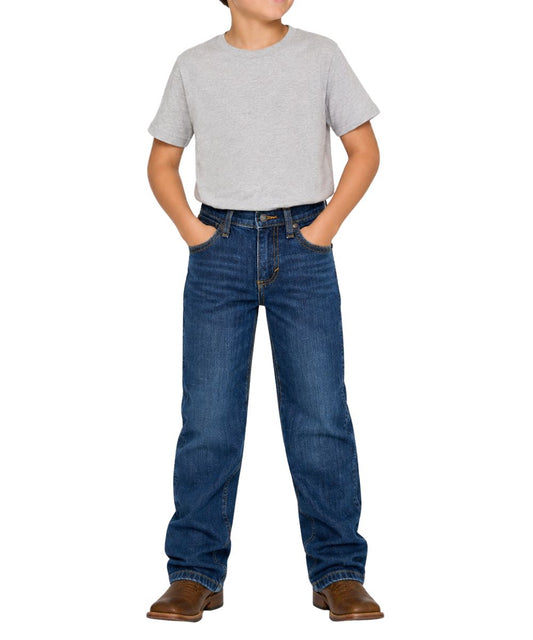 Model view of the boy's Wrangler Retro Jackson Hole Relaxed Boot Cut Jean in a dark wash