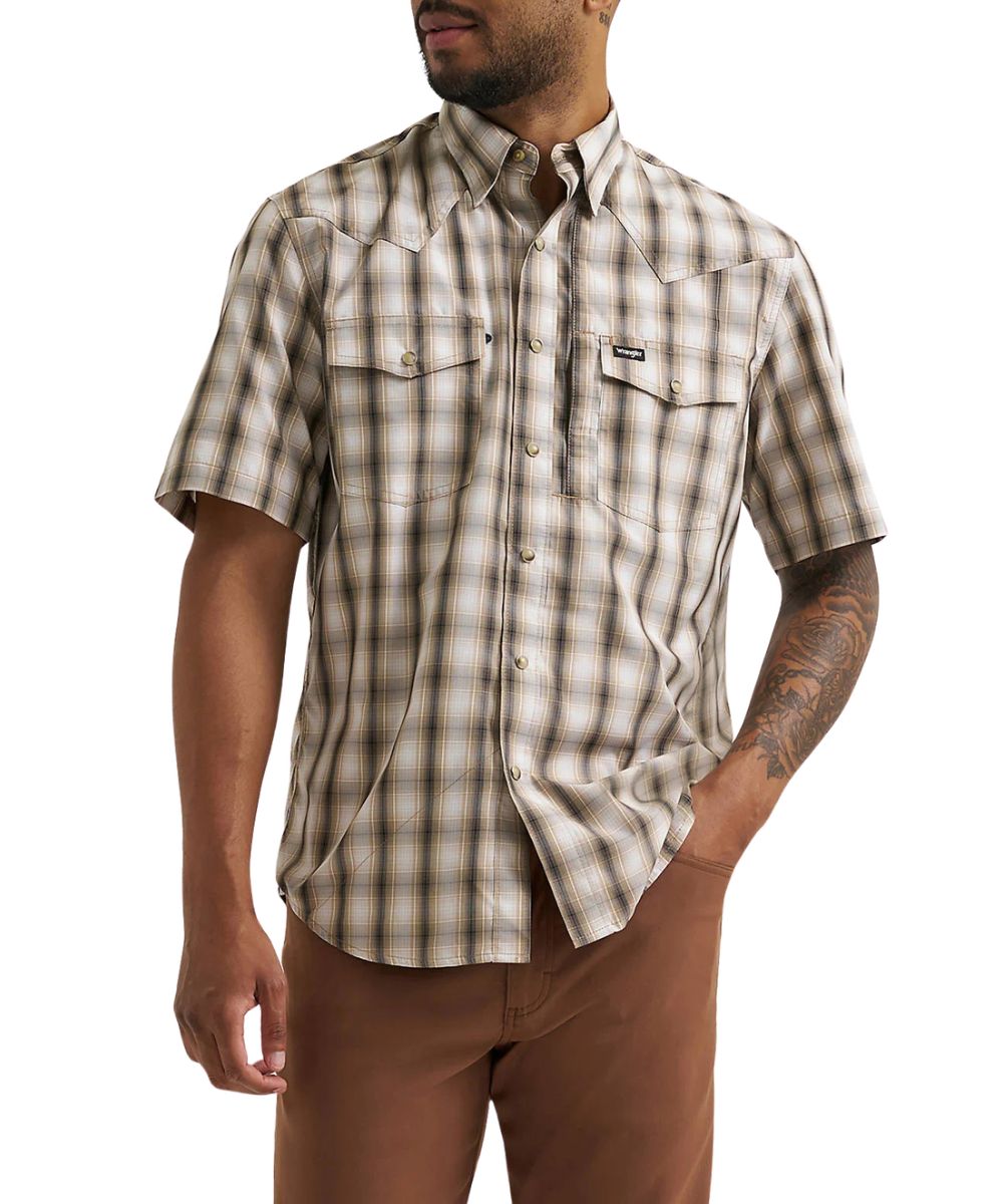 Front view of the men's travertine plaid Wrangler ATG performance snap shirt featuring the western yokes, hidden snap down collar, snap flap chest pockets, napoleon pocket and pencil slot hidden at the left chest pocket, and a glasses/sunglasses loop at the right chest pocket