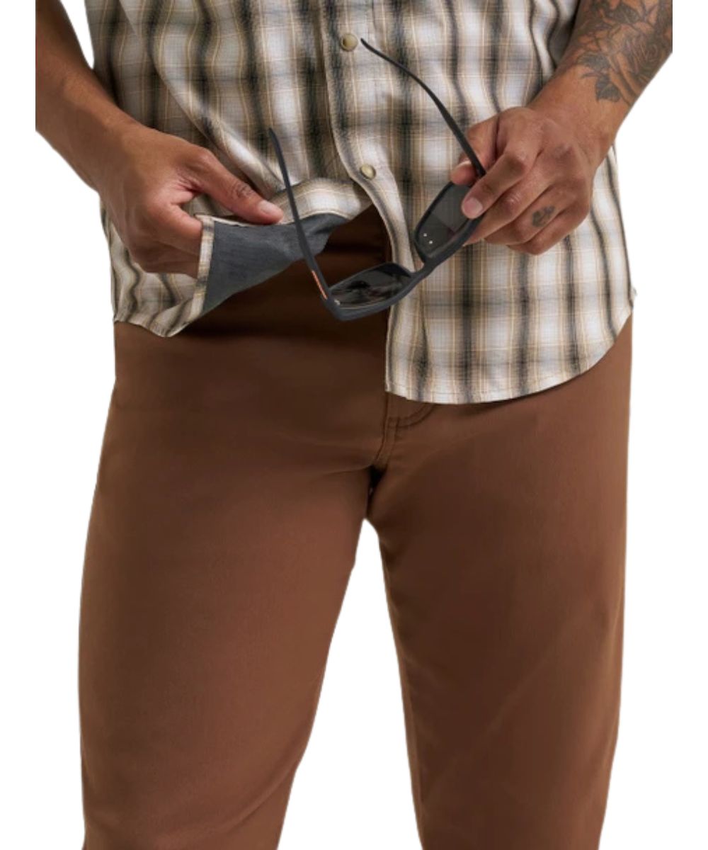 Close-up view of the microfiber lens cloth hidden in the placket for easy on-the-go glasses cleaning