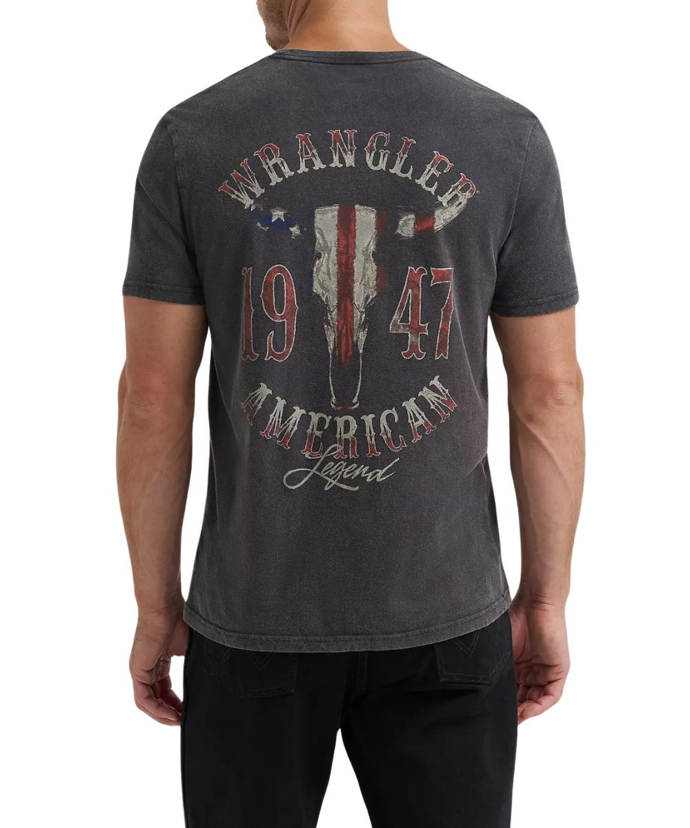 Men's Wrangler Graphic Tee In Washed Black With Patriotic Longhorn Skull Graphic On Back That Reads: "Wrangler 1947 American Legend"