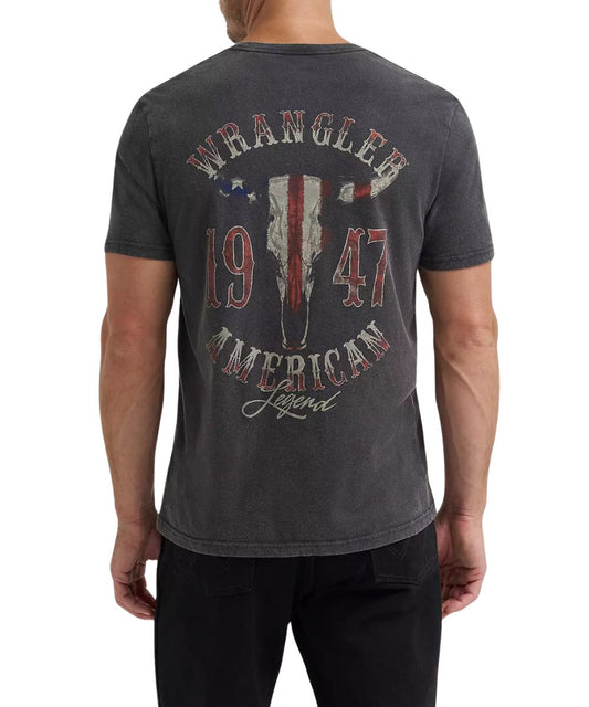 Men's Wrangler Graphic Tee In Washed Black With Patriotic Longhorn Skull Graphic On Back That Reads: "Wrangler 1947 American Legend"