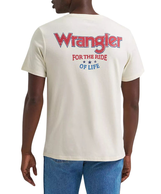 Men's Antique White Graphic Tee With Red And Blue Screen Print On The Back That Reads: "Wrangler For The Ride Of Life"