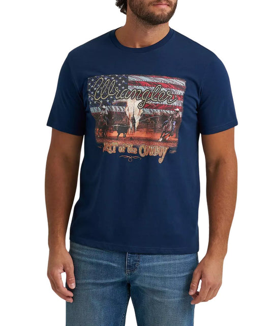 Men's Pageant Blue Graphic Tee With American Flag And Cowboy Screen Printed Graphic That Reads "Spirit Of The Cowboy"