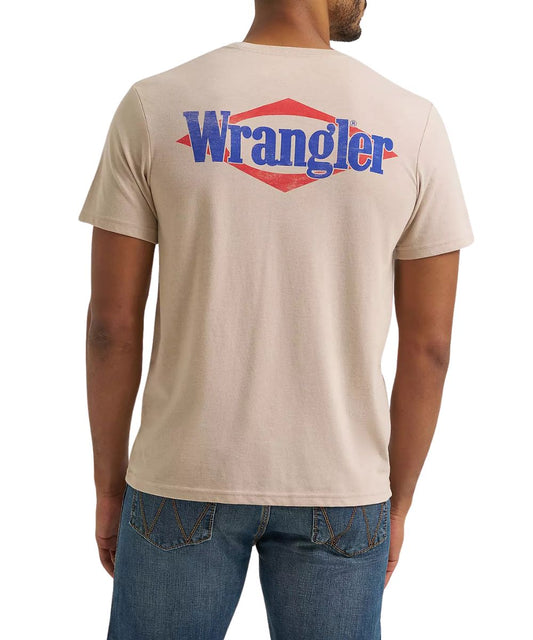 Men's Short Sleeve Graphic Tee In Oxford Tan Heather Featuring A Back Logo Screen Print Displaying A Red Diamond Framing A Blue Logo