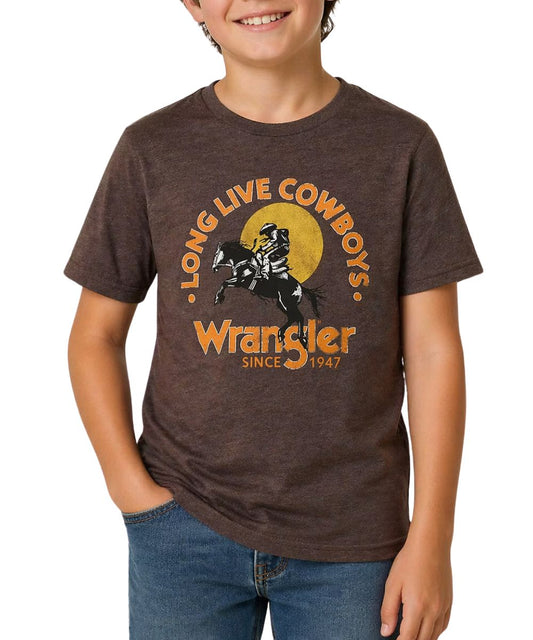 Boy's Short Sleeve Graphic Tee With Dual-Sided Printed. Front Screen Printed Bucking Bronco Graphic Reads: "Long Live Cowboys Wrangler Since 1947".