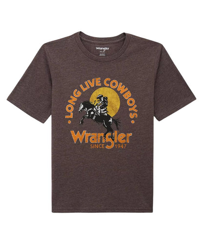 Boy's Wrangler Graphic Tee In A Brown/Mole Heather Color.