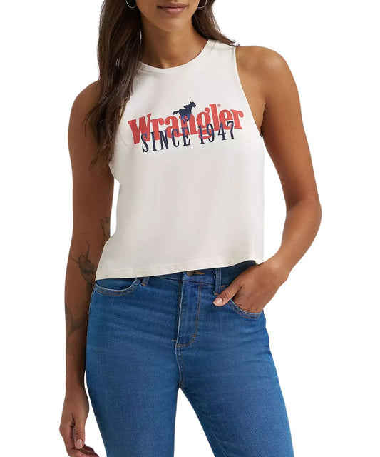 Women's Cropped Tank Top Featuring A Layers Graphic On The Front That Reads: "Wrangler Since 1947" In Red And Black