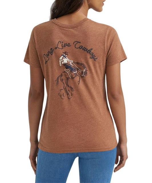 Women's Wrangler Tee In Brown Featuring A Bucking Bronco Graphic On The Back That Reads: "Long Live Cowboys" In Puff Ink