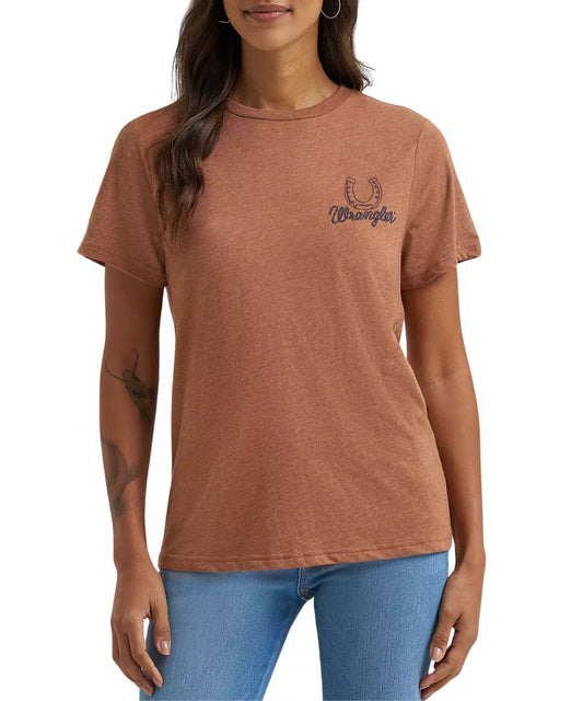 Women's Brown Short Sleeve Graphic Tee With A Small Lucky Horseshoe Graphic And Logo Printed On The Front Chest In Puff Ink 