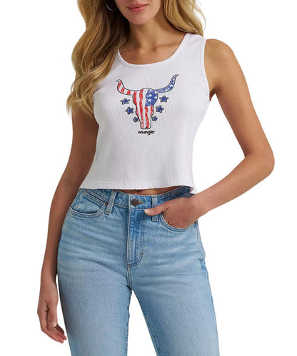 Women's White Slim Fit, Cropped, Ribbed Tank Top Featuring An American Flag Steer Head Graphic On The Front