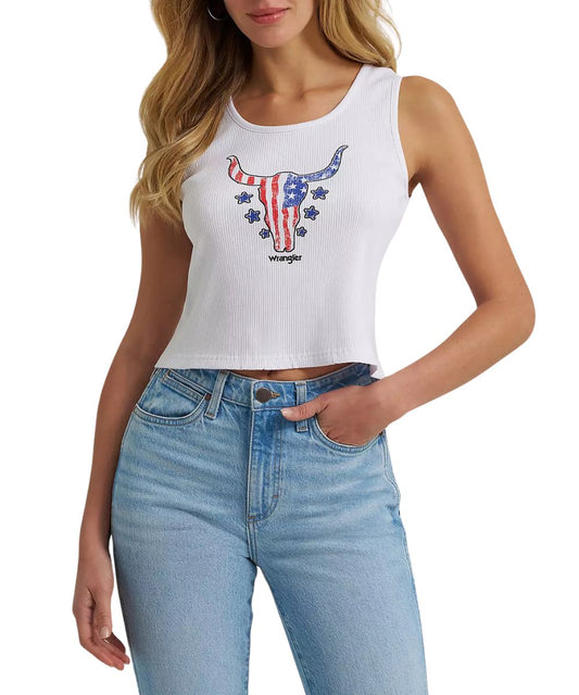Women's White Slim Fit, Cropped, Ribbed Tank Top Featuring An American Flag Steer Head Graphic On The Front