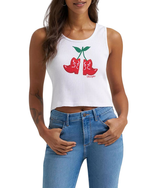 Women's Tank Top In Bright White Featuring Cowboy Boot Shaped Cherries Connected At The Stalk Graphic With Logo On The Front