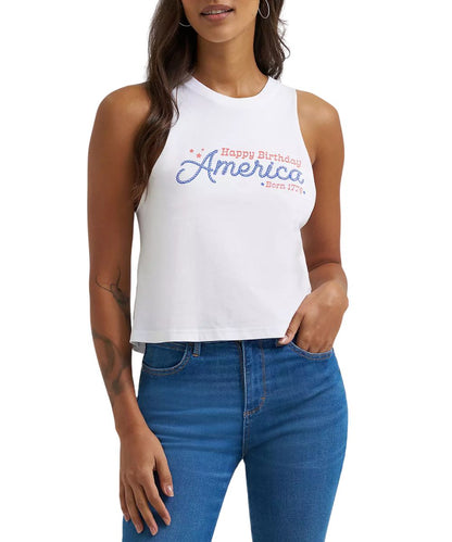 Women's Bright White Graphic Tank Top With Front Screen Print That Reads: "Happy Birthday American Born 1776" In Red And Blue 