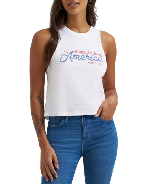 Women's Bright White Graphic Tank Top With Front Screen Print That Reads: "Happy Birthday American Born 1776" In Red And Blue 