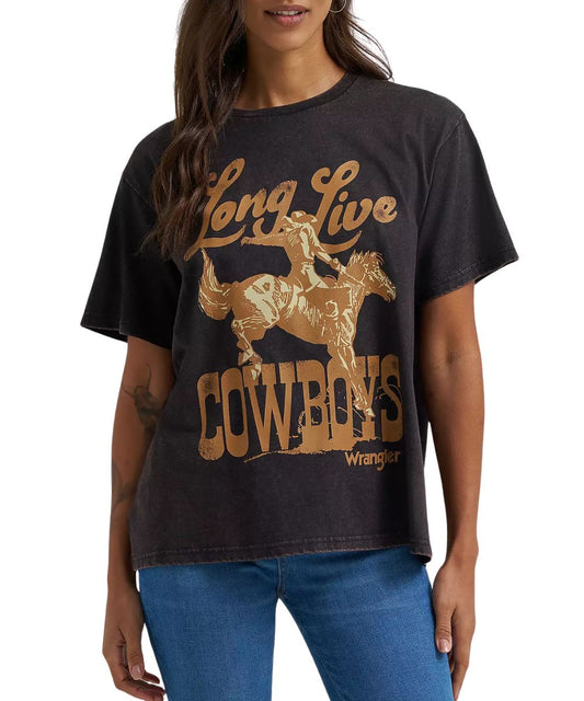 Women's Retro graphic tee featuring a front screen print that reads: "Long Live Cowboys" and bronc rider graphic.