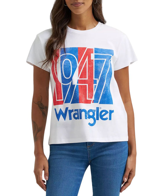 Women's Graphic Tee Featuring Red And Blue "1947" Retro Billboard Graphic Printed On The Front With Logo
