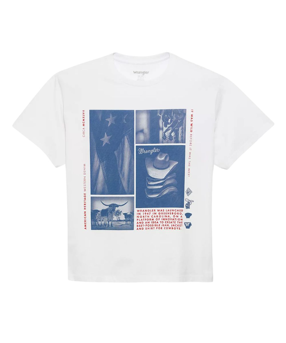 Detailed View Of The Western Collage Graphic On A Bright White Tee