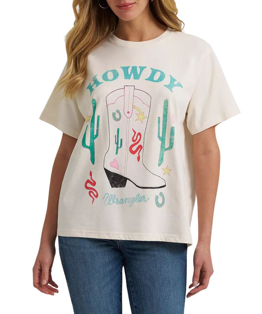Women's Graphic Tee With A Retro-Inspired Cowgirl Boot Graphic On The Front Accented With Cacti, Western Motifs, And "Howdy" Text