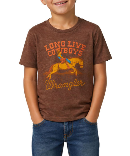 Boy's Brown Graphic Tee Featuring A Bucking Bronco Graphic With Text That Reads: "Long Live Cowboys" And The Wrangler Rope Logo