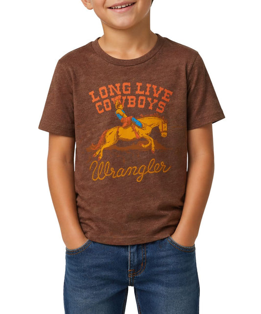Boy's Brown Graphic Tee Featuring A Bucking Bronco Graphic With Text That Reads: "Long Live Cowboys" And The Wrangler Rope Logo