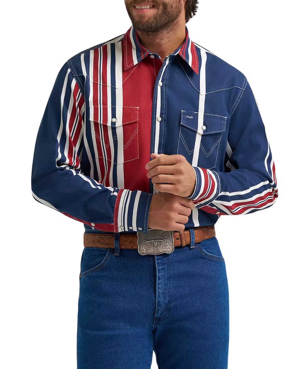 Men's Americana Wrangler pearl snap western work shirt in a red, white, and blue vintage-inspired brushpopper print.