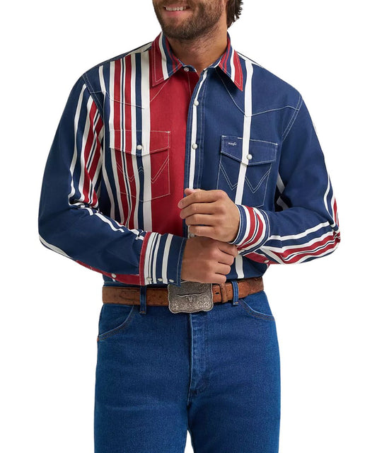 Men's Americana Wrangler pearl snap western work shirt in a red, white, and blue vintage-inspired brushpopper print.
