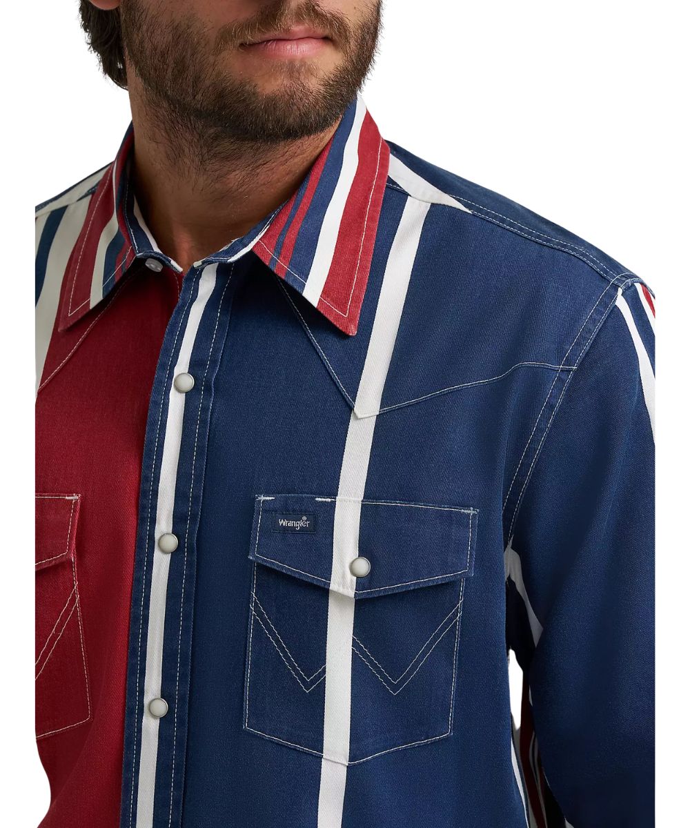 Close-up view featuring western yokes, white pearl snaps, snap flap chest pockets, logo stitching, and a pen/pencil slot.