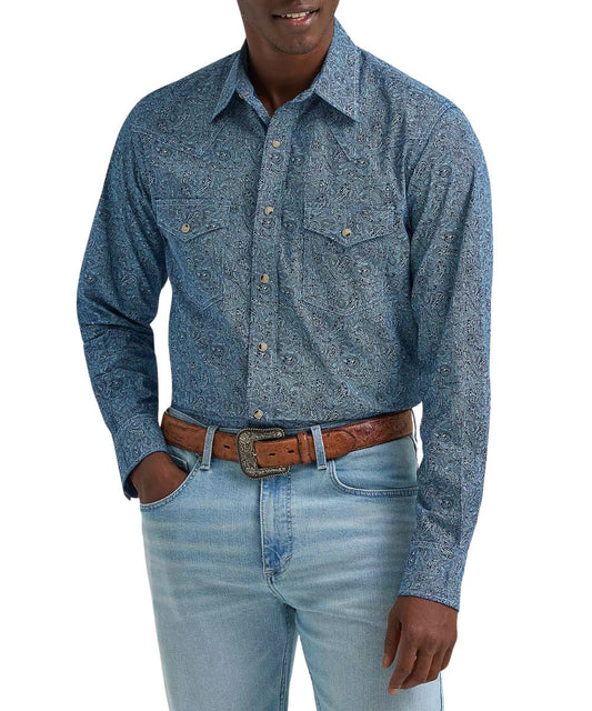 Men's Wrangler Long Sleeve Snap Shirt Featuring A Spread Collar, Western Yokes, And Paisley Print
