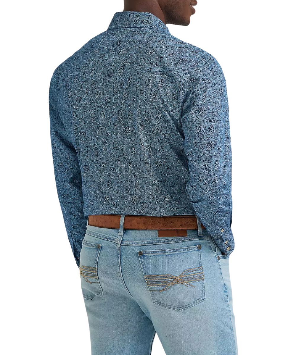 Men's Navy Paisley Print Snap Shirt With A Single Point Back Western Yoke And Two-Snap Closure Cuffs