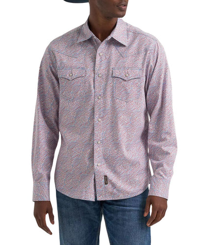 Men's Wrangler Americana paisley print long sleeve western snap shirt.