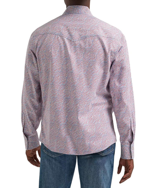 Back view featuring western yokes and two-snap closure cuffs.
