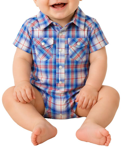 Wrangler Infant Boy's Snap Onesie Featuring A Red, White, And Blue Plaid Print