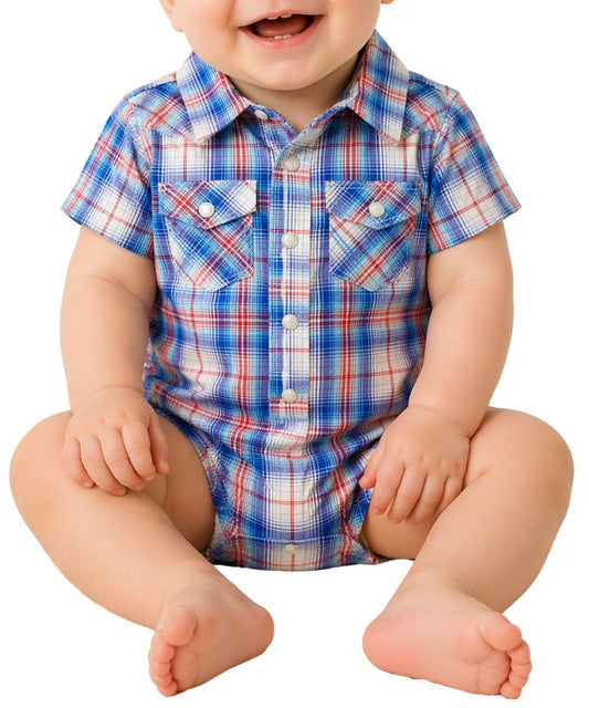 Wrangler Infant Boy's Snap Onesie Featuring A Red, White, And Blue Plaid Print