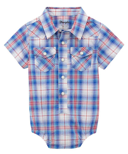 Infant Boy's Short Sleeve Onesie Featuring A 4-Snap Placket, Single Point Snap Flap Chest Pockets, Western Yokes, And Three-Snap Diaper Seat Closure