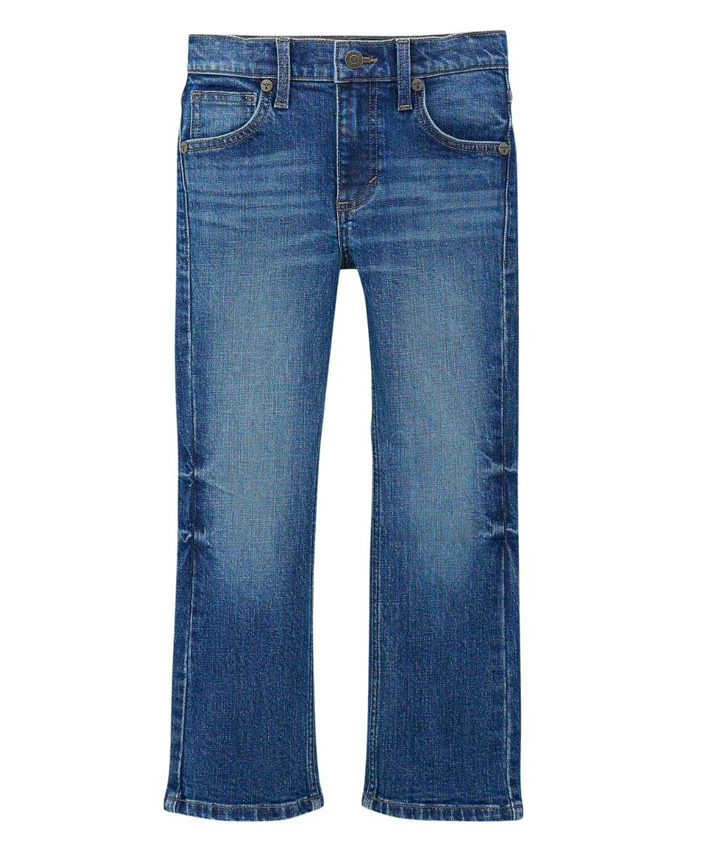 Boy's Wrangler 20X No. 42 vintage boot cut jean featuring five pocket styling, whiskering, sanding, knee starbursts, and an internal adjustable waistband.