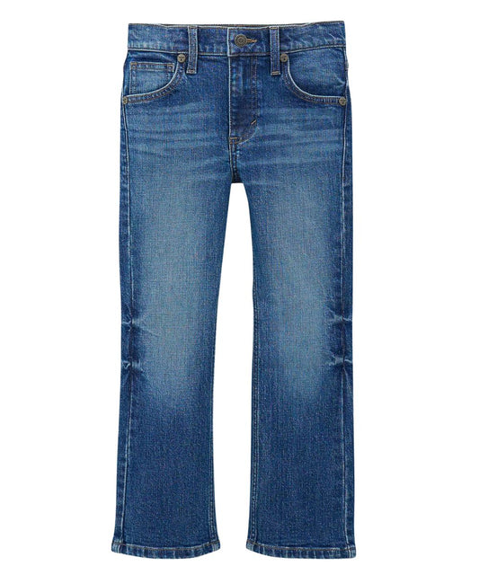 Boy's Wrangler 20X No. 42 vintage boot cut jean featuring five pocket styling, whiskering, sanding, knee starbursts, and an internal adjustable waistband.