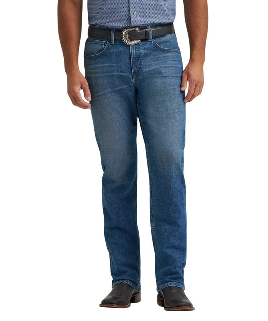 Men's No. 44 20X Wrangler slim straight jean featuring a low rise, five pockets, in a medium wash.