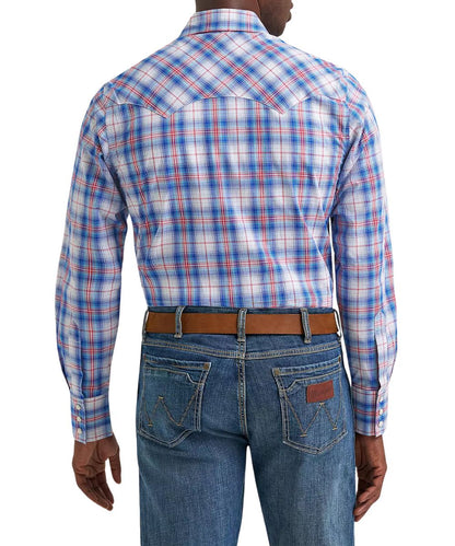 Back view of the blue and red plaid western shirt featuring a double pointed back yoke.