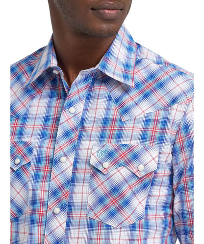 Close-up view of the red and blue plaid print on a white shirt featuring single point front yokes, a spread collar, and snap placket.