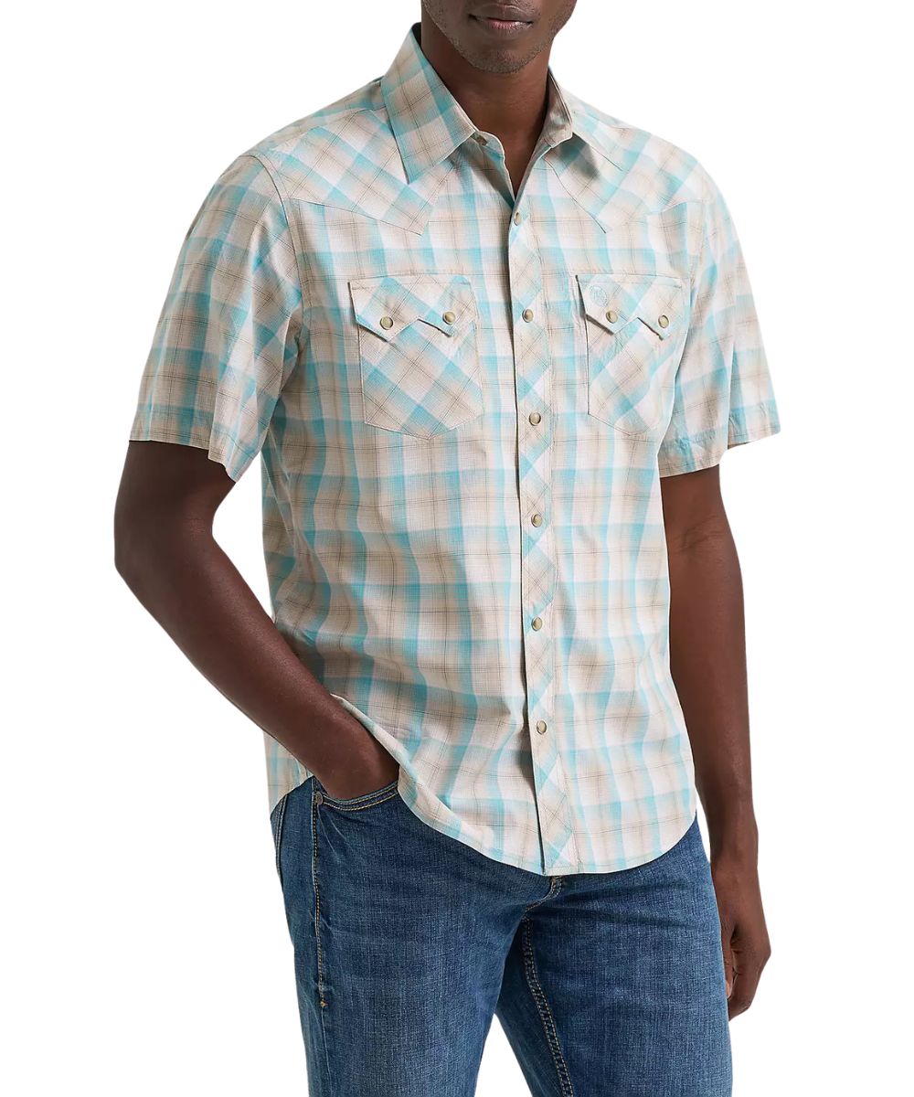 Men's Wrangler modern fit retro short sleeve snap shirt in a tan and turquoise plaid print.