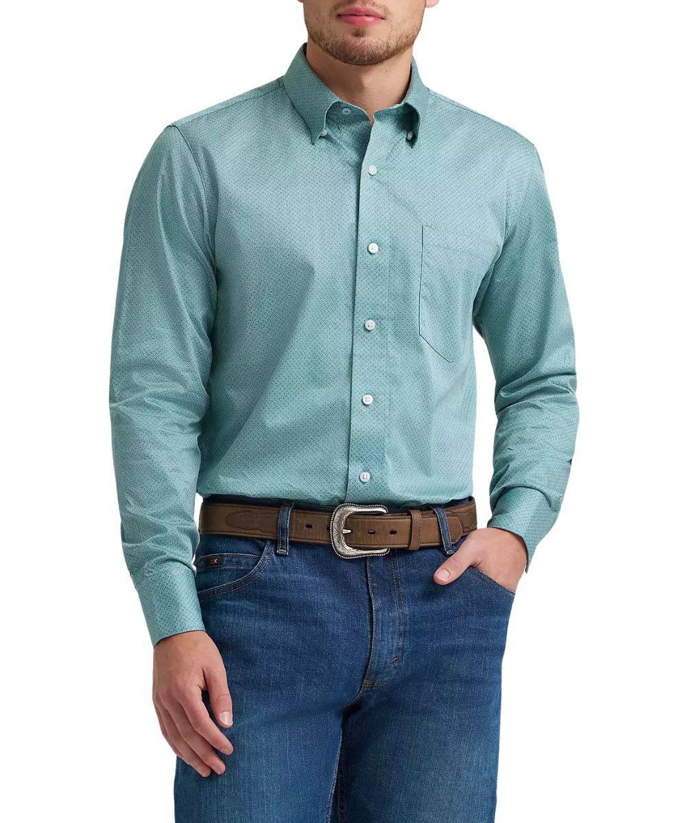 Men's Wrangler long sleeve, classic fit, button-down shirt in a green weave print from the Cody Johnson collection.