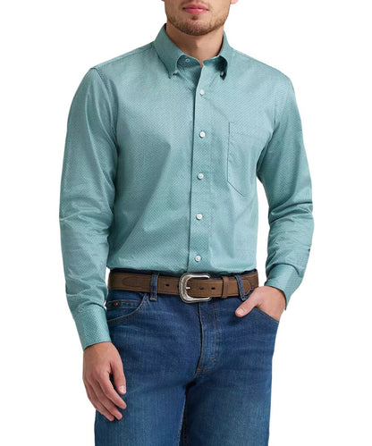 Men's Wrangler long sleeve, classic fit, button-down shirt in a green weave print from the Cody Johnson collection.