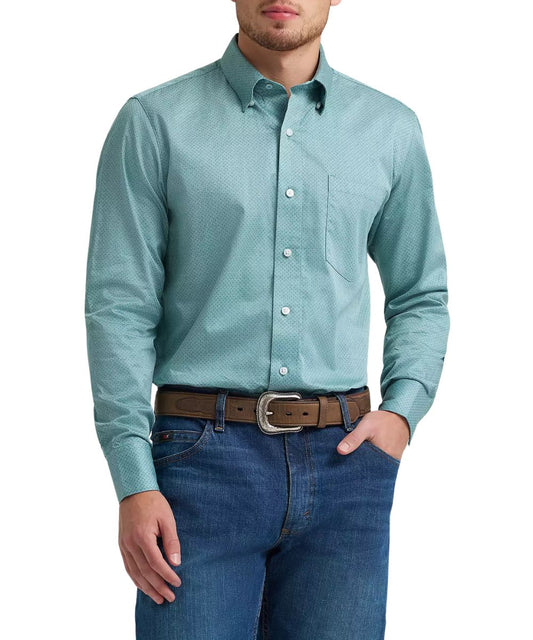 Men's Wrangler long sleeve, classic fit, button-down shirt in a green weave print from the Cody Johnson collection.