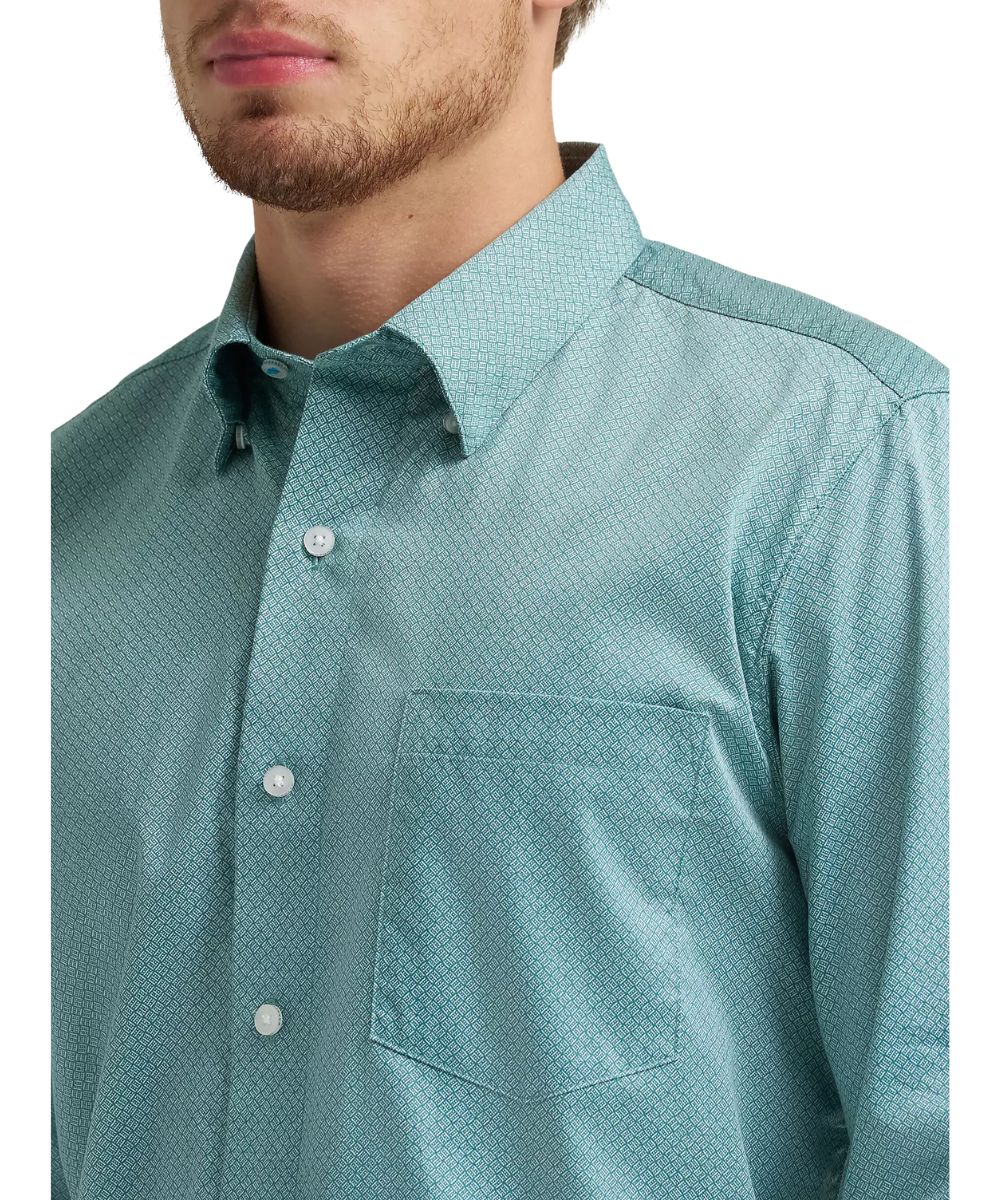 Close-up view of the green weave printed shirt featuring a hidden button-down collar and single open chest pocket.