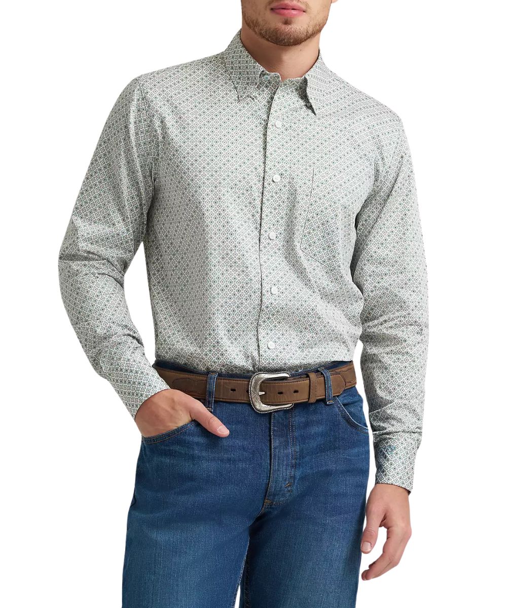 Men's Wrangler classic fit, long sleeve, button down shirt, in a green and tan cross print from the Cody Johnson collection.
