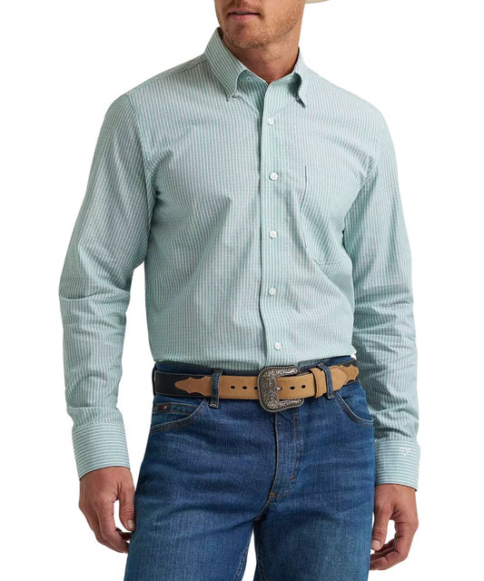 Men's Wrangler classic fit long sleeve button-down shirt in moss stripe print from the Cody Johnson collection.