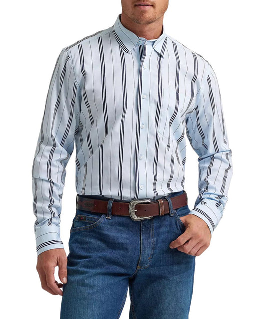 Men's Wrangler classic fit, long sleeve button down shirt in a baby blue striped print from the Cody Johnson collection.
